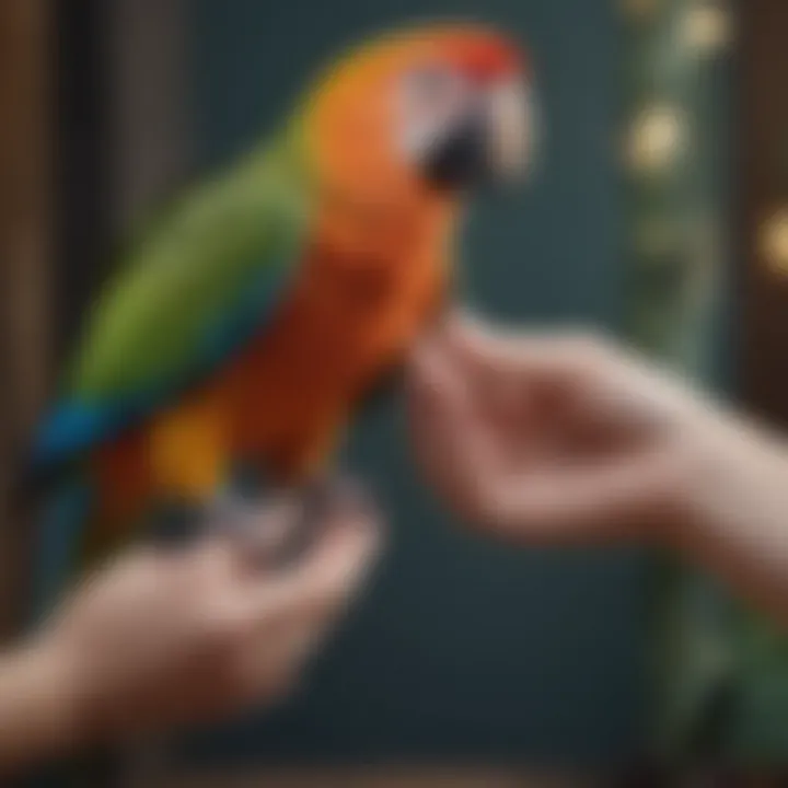 A close-up of a bird owner's hand interacting gently with a vibrant parrot.