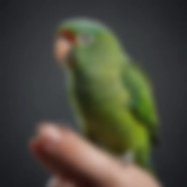 A close-up of a cheerful parakeet perched on a finger, symbolizing companionship