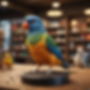 A vibrant pet bird shop showcasing various bird species