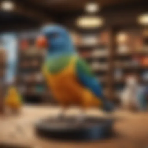 A vibrant pet bird shop showcasing various bird species