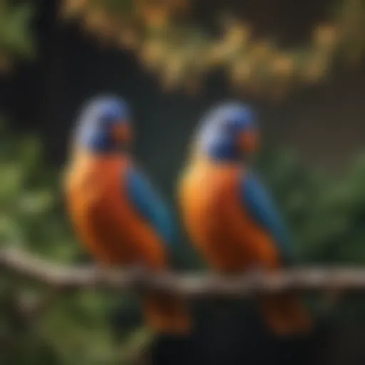 Colorful pet birds perched on a branch, showcasing their vibrant feathers