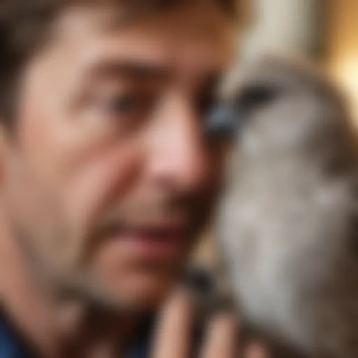 A close-up of a bird owner gently interacting with their feathered friend, illustrating companionship