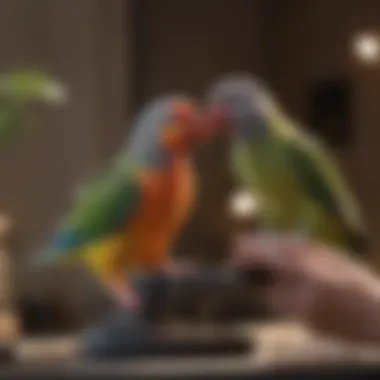 Owner interacting with their bird on the playstand, showcasing bonding time