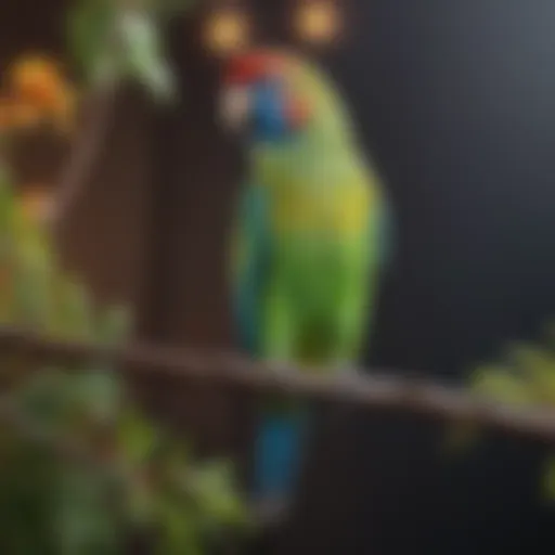 A vibrant parakeet perched on a branch, showcasing its colorful plumage.