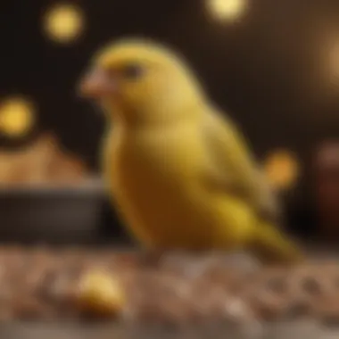 A close-up of a canary enjoying a nutritious seed mix.