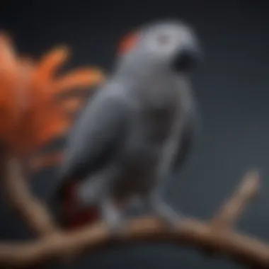 A vibrant African Grey parrot perched on a branch, showcasing its striking feathers.