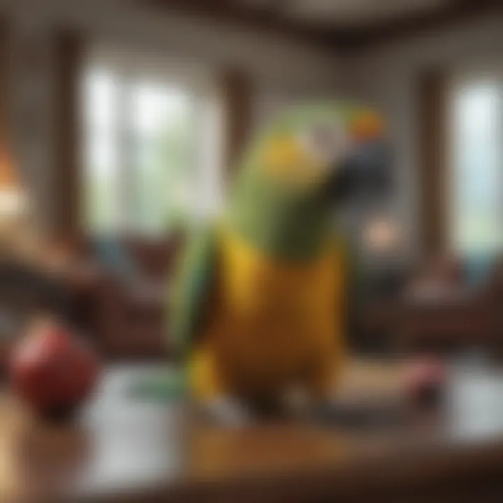 A playful Amazon parrot interacting with toys in a bright living room.