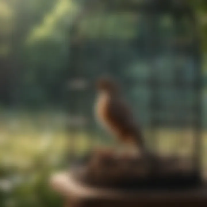 A serene outdoor scene of a bird enjoying time outside its cage, symbolizing freedom.