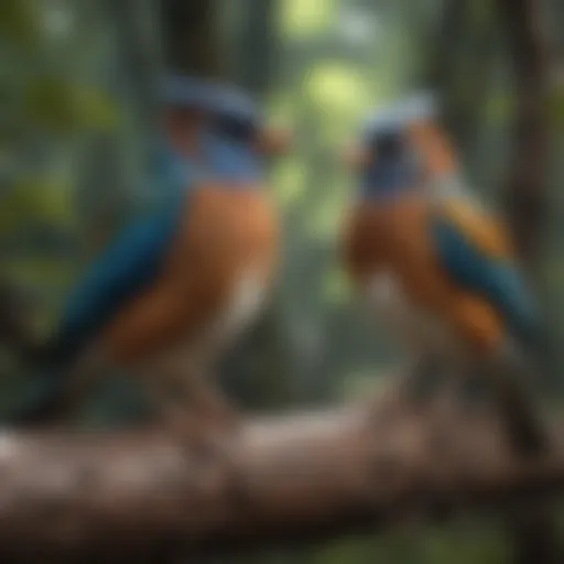 A diverse group of birds perched on branches showcasing various plumage.