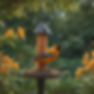 A pole-mounted oriole feeder in a garden setting
