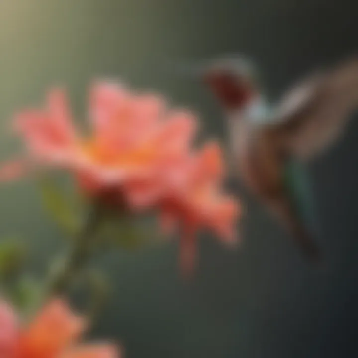 A tiny hummingbird hovering near a blooming flower.