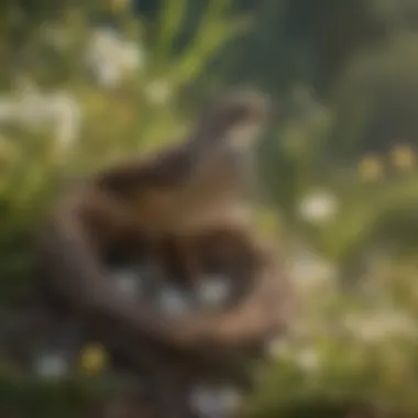 A female Lark building a nest amid wildflowers