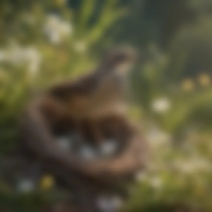 A female Lark building a nest amid wildflowers