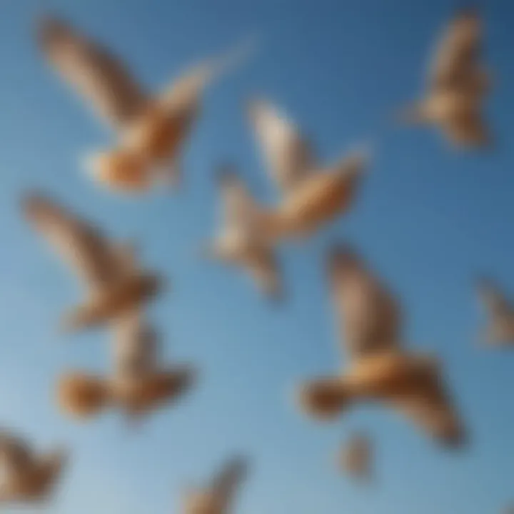 A flock of Larks soaring in a clear blue sky