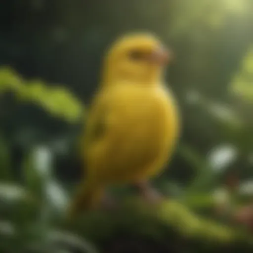 A vibrant canary perched in a lush green environment, showcasing its bright yellow feathers.