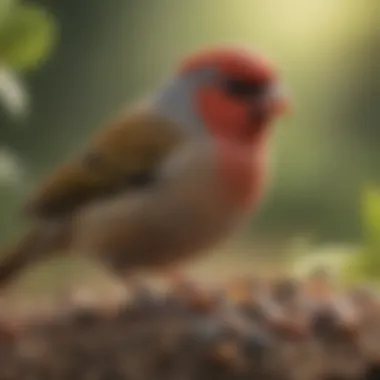 An exotic finch amidst a variety of seeds, representing its dietary needs.