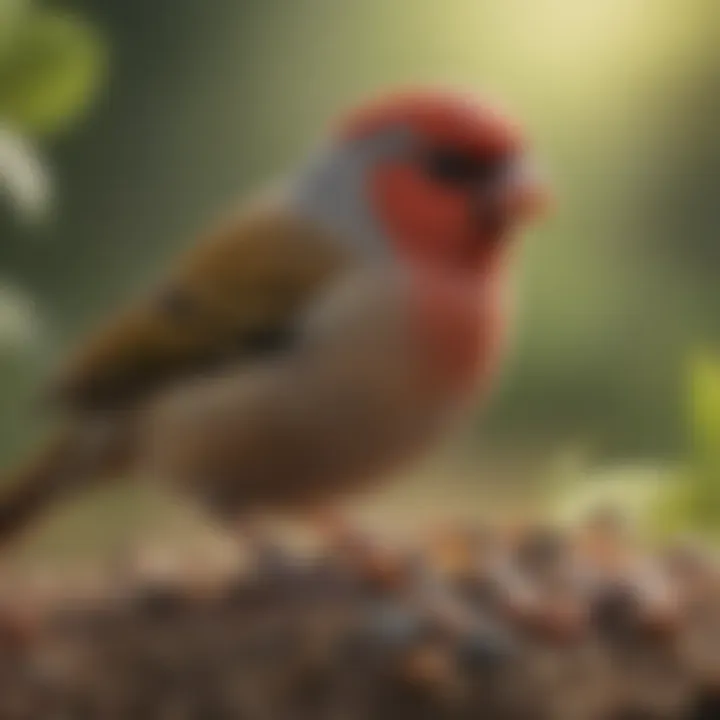 An exotic finch amidst a variety of seeds, representing its dietary needs.