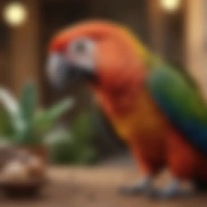 A colorful parrot displaying its stunning plumage while engaging with its owner.