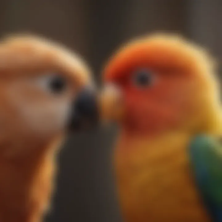 A close-up of a love bird interacting with its owner.