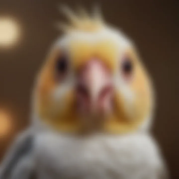 A close-up of a cockatiel with expressive facial features, reflecting personality.