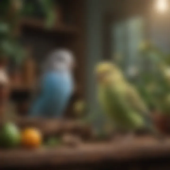 A budgerigar in a whimsical setting, interacting with various objects that highlight its curious nature.