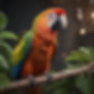 A colorful parrot perched on a branch, showcasing its vibrant feathers with a humorous expression.