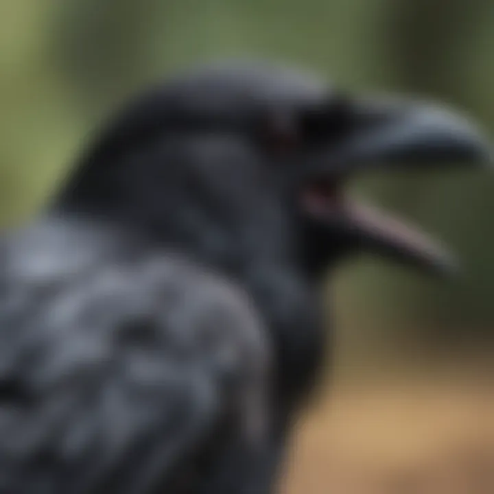 A close-up of a crow exhibiting curiosity and awareness