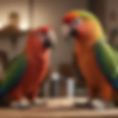 New parrot owner interacting with a vibrant parrot in a cozy home environment