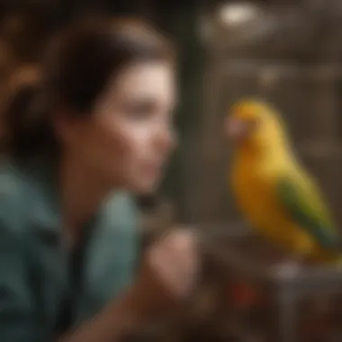 Bird owner interacting with pet in an open top cage