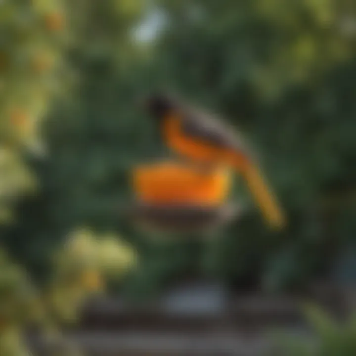 A well-maintained oriole orange feeder in a backyard setting