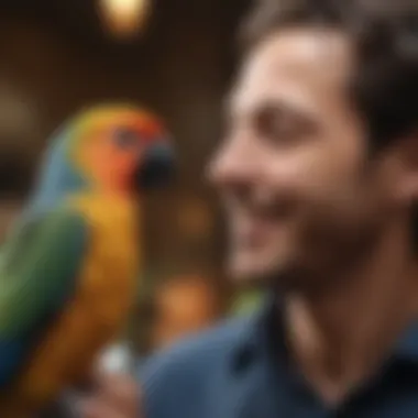 A vibrant scene of a pet bird interacting playfully with its owner, showcasing emotional connection.