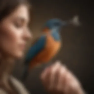 A serene moment of a bird perched gently on a person's finger, symbolizing companionship.