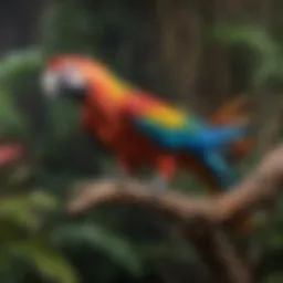 A vibrant macaw perched elegantly on a branch, showcasing its colorful feathers.