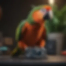 A vibrant parrot interacting with a cell pet device