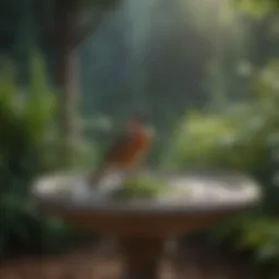 A vibrant large bird bath filled with fresh water surrounded by greenery