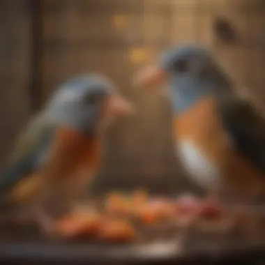 Two birds interacting playfully in a spacious cage, highlighting social behavior and companionship.