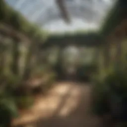 A spacious walk-in aviary featuring a variety of plants and perches for birds