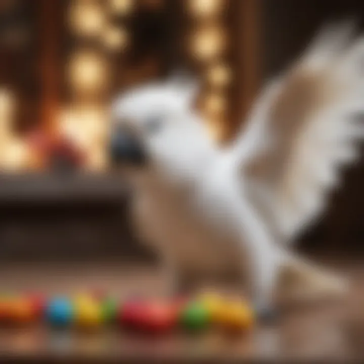 A beautiful white cockatoo playing with colorful toys