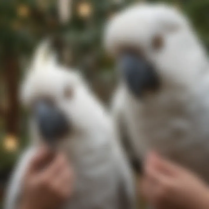 Close-up of a cockatoo interacting with its owner