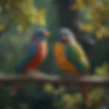 Colorful pet birds perched on branches