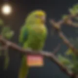 A vibrant parakeet perched on a branch with a colorful name tag.