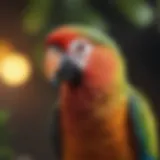 A vibrant parrot perched on a branch, showcasing its feathers