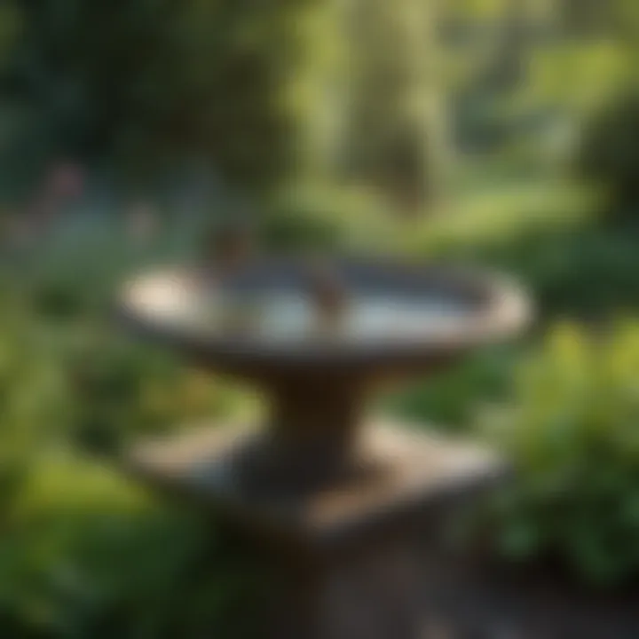 A serene garden scene featuring a rustic used bird bath surrounded by lush greenery.