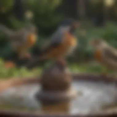 Close-up of birds enjoying water in a vintage bird bath, highlighting their natural behavior.