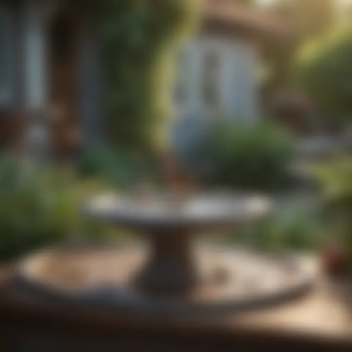 A beautifully restored bird bath enhancing the aesthetic of an outdoor patio.