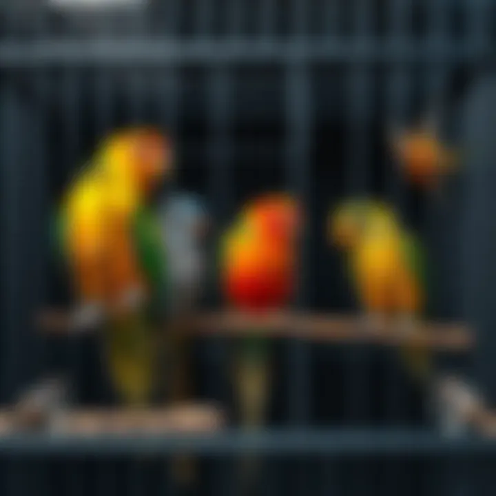 Colorful birds happily perched inside a well-designed XL corner bird cage