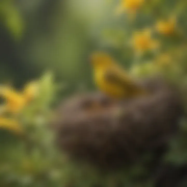 A striking yellow warbler building its nest amidst flowering foliage.