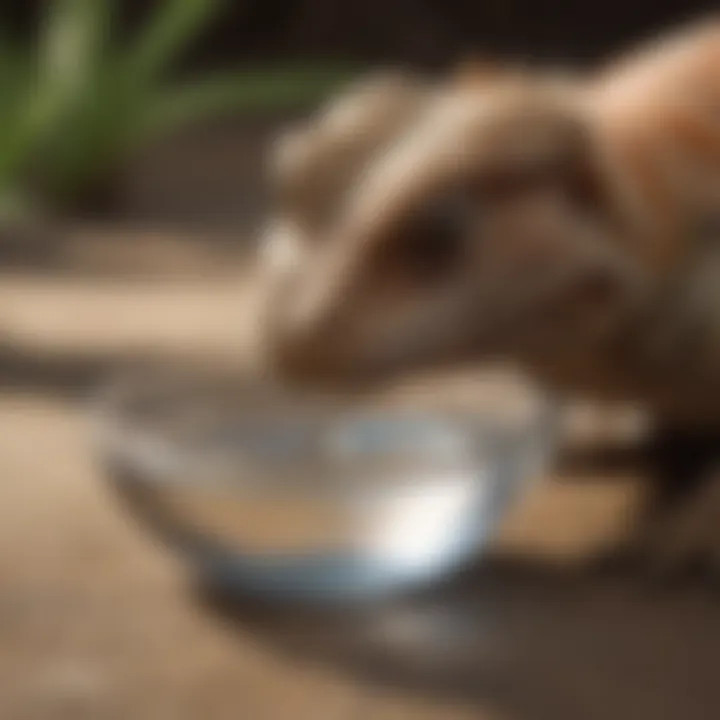 Juvenile bearded dragon drinking water from a shallow dish