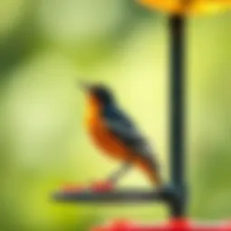 Baltimore oriole perched on a vibrant feeder