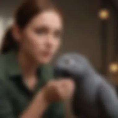 An African Grey parrot interacting with a child